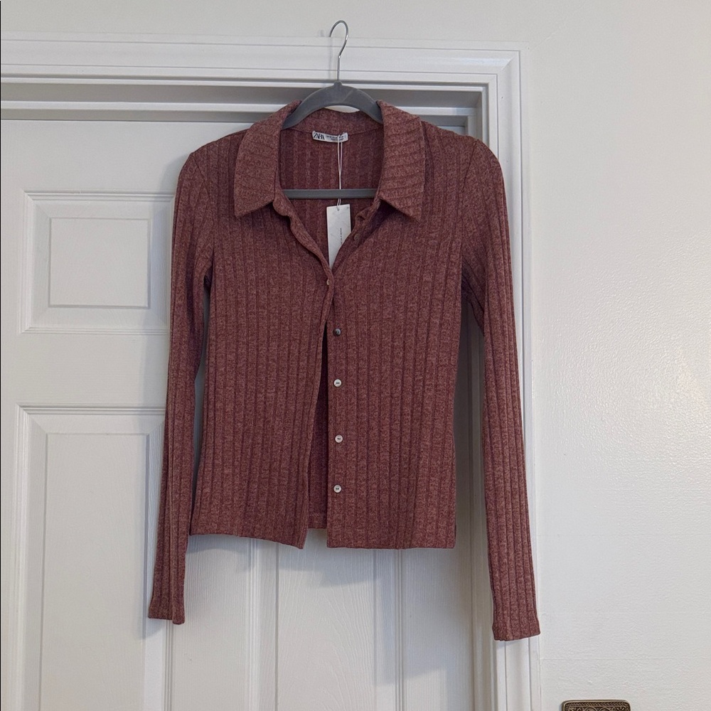Zara Women's Ribbed Button-Down Shirt in Rust Sz Medium